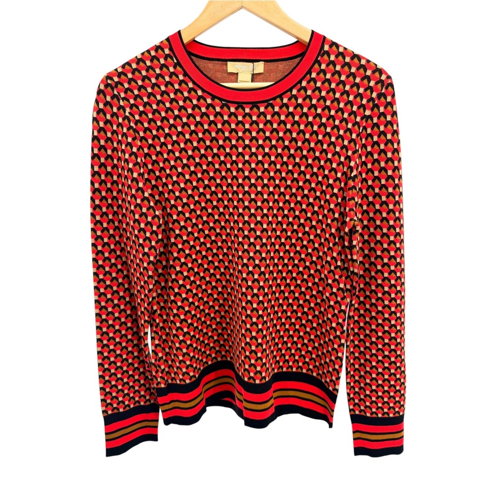 Michael Kors Collection Geo Knit Sweater L Coral Red Geometric Mod Avant Garde